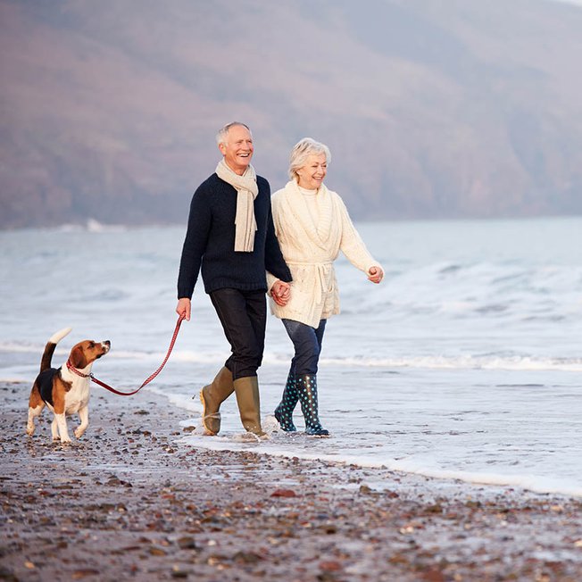 
                A couple enjoying a walk on the beach with their dog. The perfect way to spend your day!
                