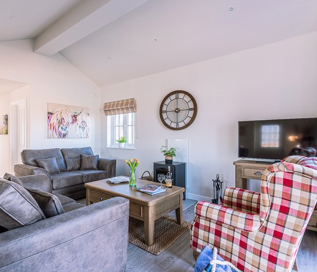 An interior to a holiday lodge for sale. The living room has two grey sofas, a red checked armchair, a wall mounted clock and a flat screen TV.