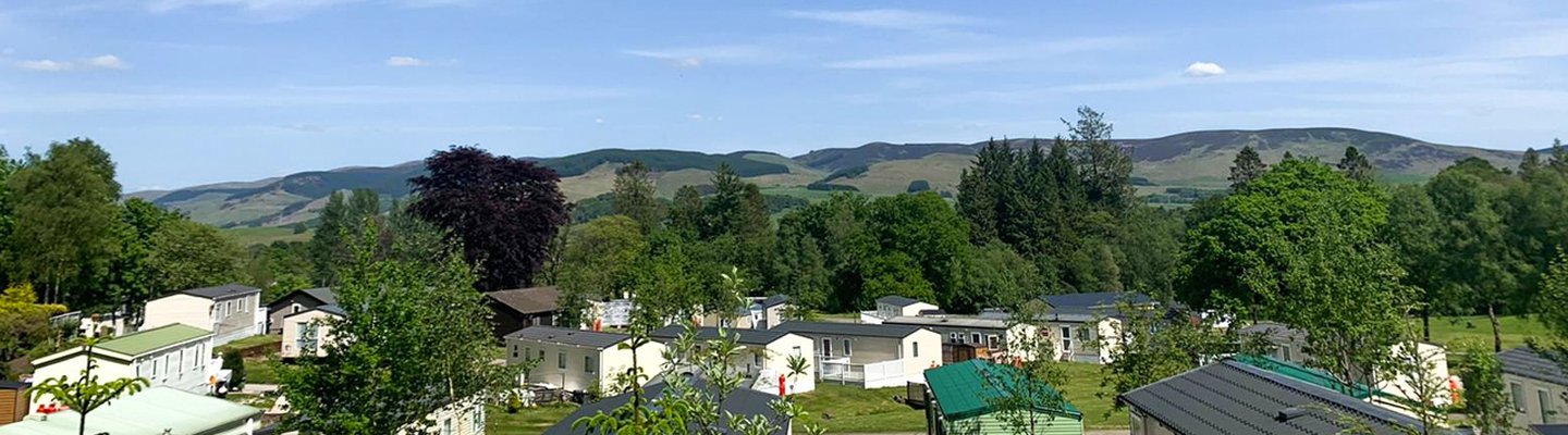 
          Our Moffat Manor holiday park. There are several luxurious holiday homes onsite, with tall trees and hills in the background.
          