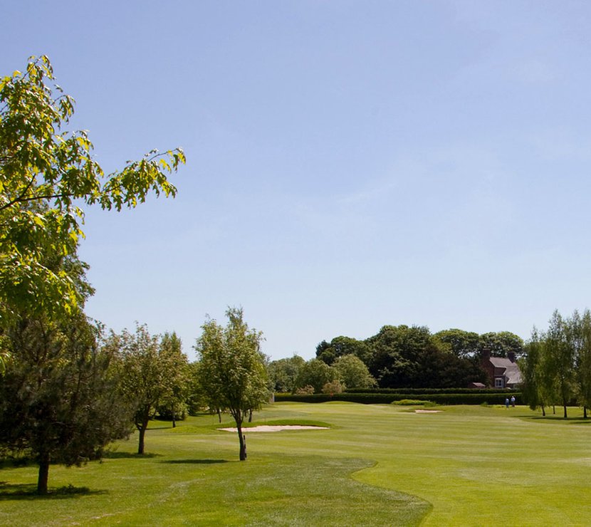A photo of the green grassy grounds to a golf course on a cloudy day. There are fully grown trees either side of the photo.