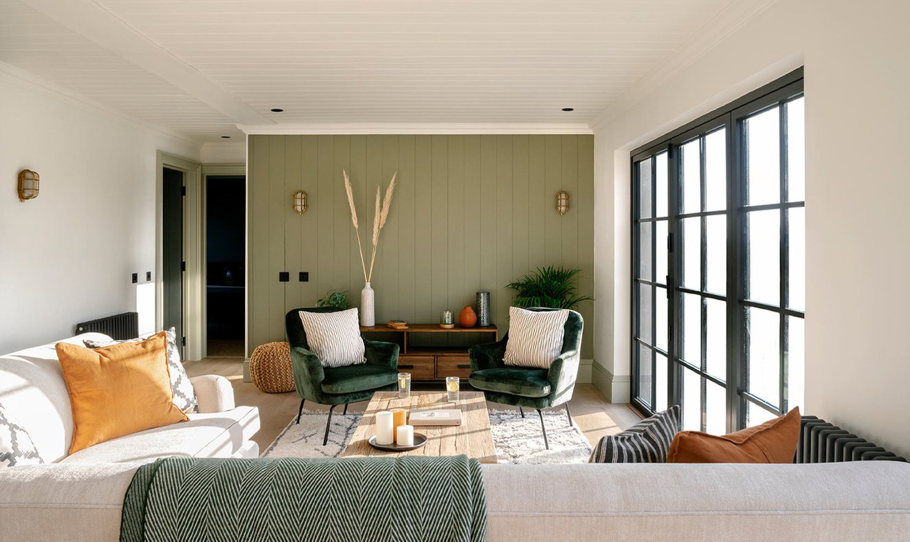 The stylish and modern living area of one of our holiday Barns at Retallack Resort & Spa, Cornwall.