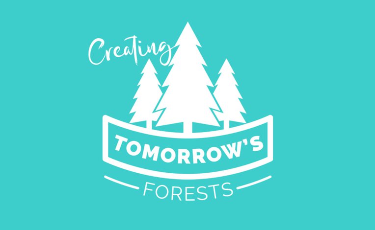 A turquoise background with a white logo with trees featured. The sign reads: Creating Tomorrow's Forests.
