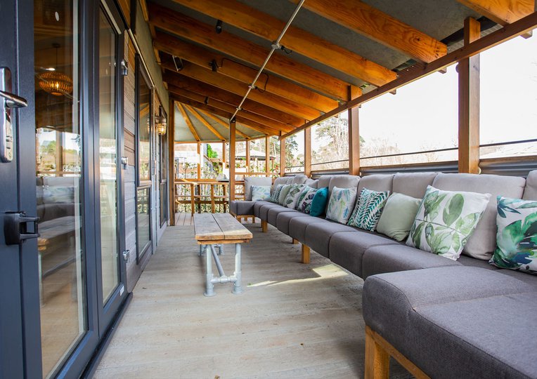 Secluded outdoor area with heaters