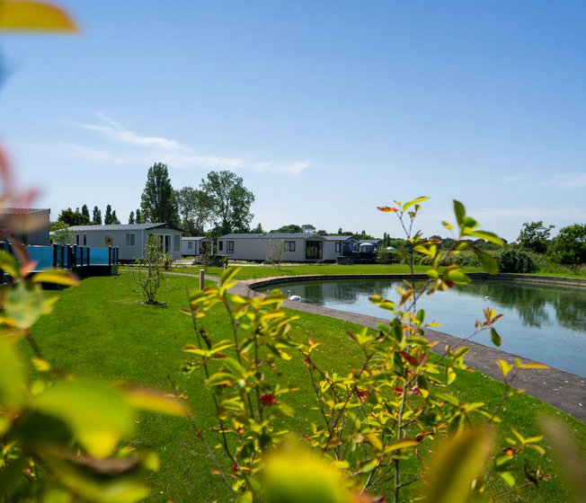 Our Mill Rythe holiday park.There are plenty of static caravans surrounding a lake, with lots of spacious green areas nearby.