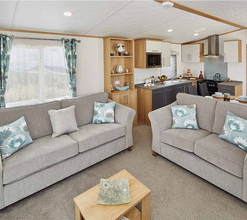 The lounge area of our bright and spacious luxury static caravan. The perfect way to stay.