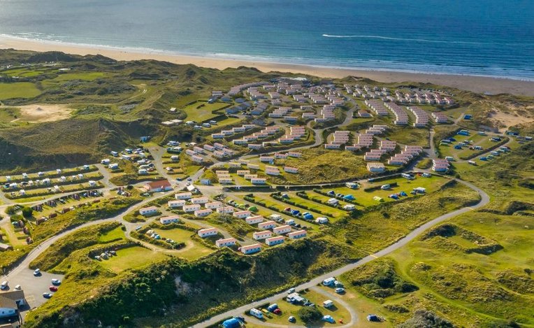 An aerial view over one of our static caravan and touring park, St Ives Bay.